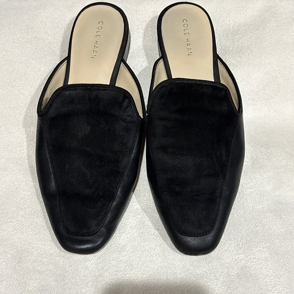 Cole Haan Grand 360 Black Leather Velvet Mules Slip On Loafers Womens 8B‎